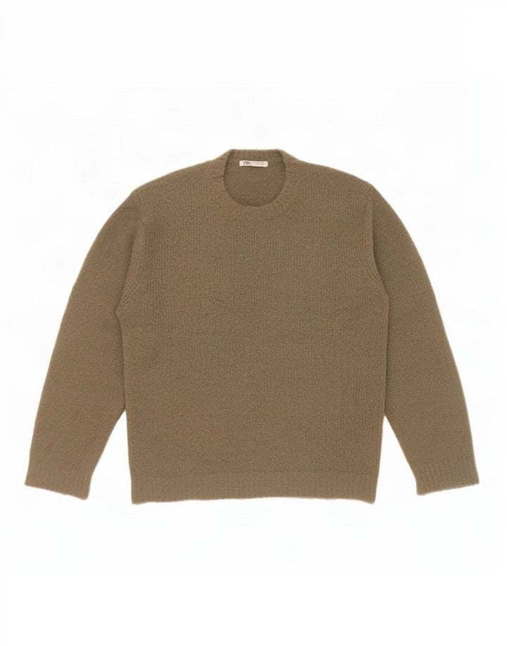 Zara Suéter masculino com gola redonda e acrílico cáqui médio