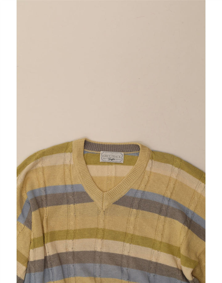 VINTAGE Mens V-Neck Jumper Sweater XL Khaki Striped Cotton Vintage Vintage and Second-Hand Vintage from Messina Hembry 