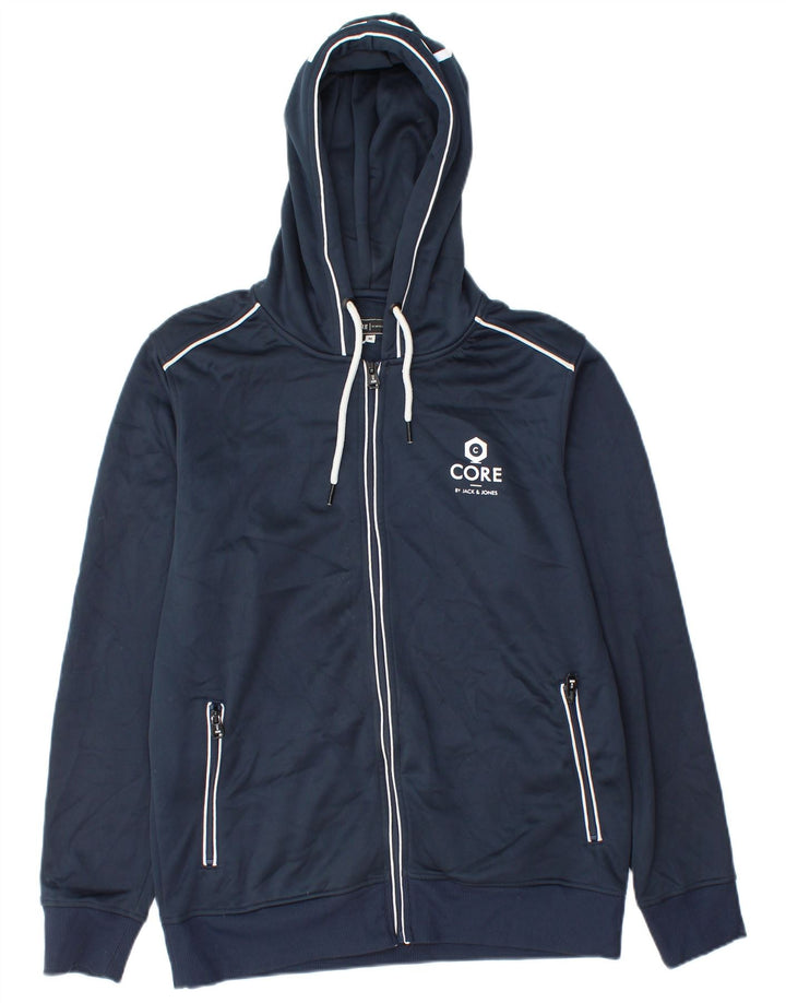 Suéter masculino com capuz e zíper gráfico Jack & Jones poliéster azul marinho médio