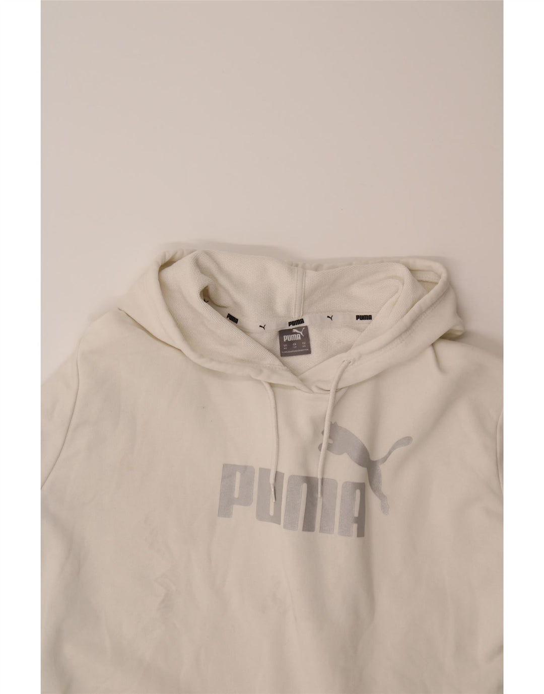 PUMA Womens Oversized Graphic Crop Hoodie Jumper UK 6 XS White Vintage Puma and Second-Hand Puma from Messina Hembry 