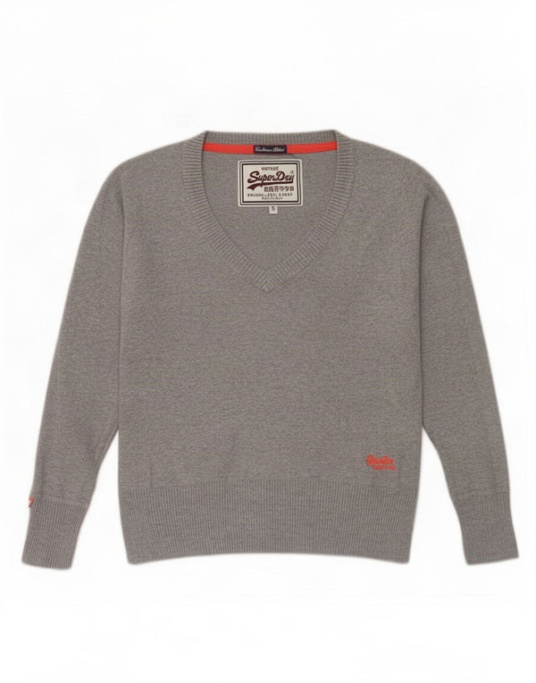 Superdry Suéter feminino superdimensionado com decote em V Reino Unido 10 algodão cinza pequeno