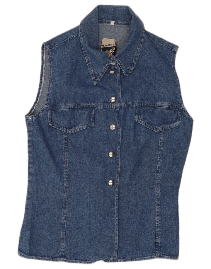 Camisa jeans feminina vintage sem mangas Reino Unido 10 azul pequeno