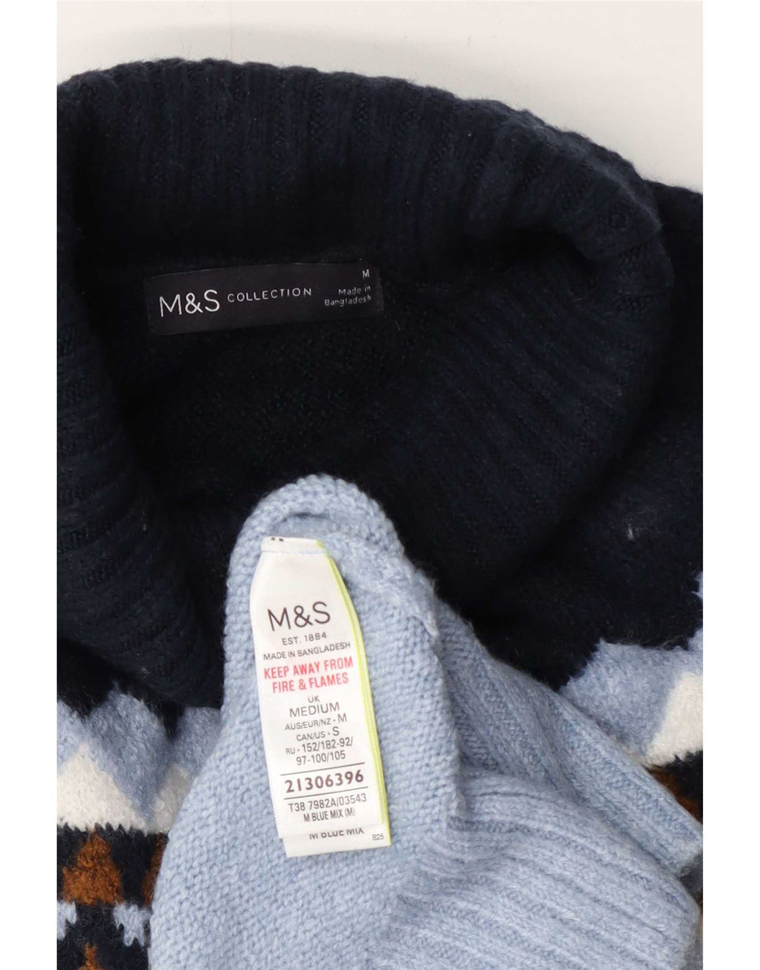 Suéter feminino Marks & Spencer com gola redonda Reino Unido 14 azul médio geométrico