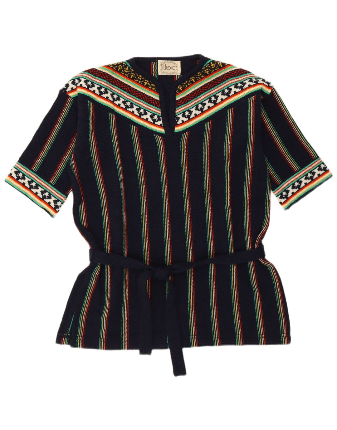 Suéter feminino vintage com decote em V Reino Unido 12 médio azul marinho listrado retrô