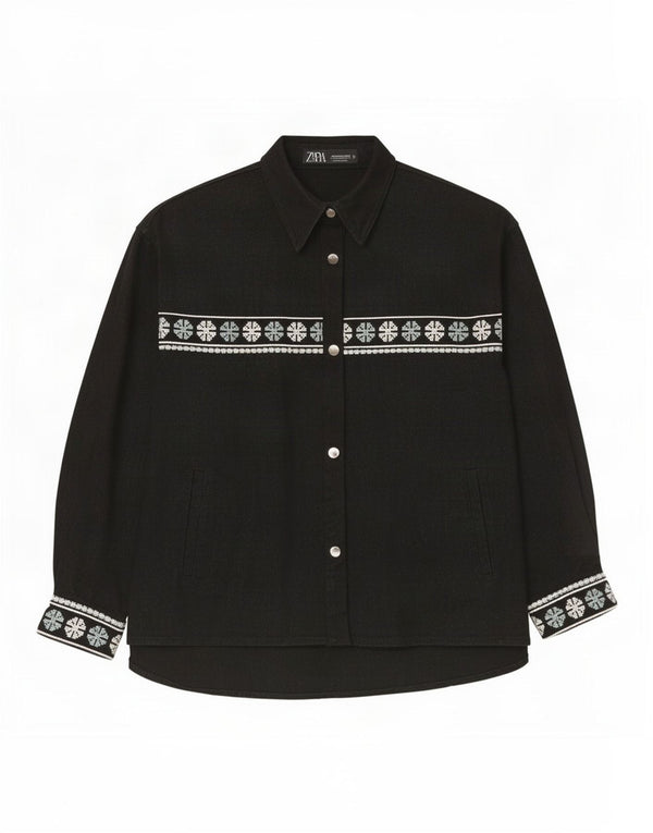 Camisa oversized feminina Zara Reino Unido 14 algodão geométrico preto médio