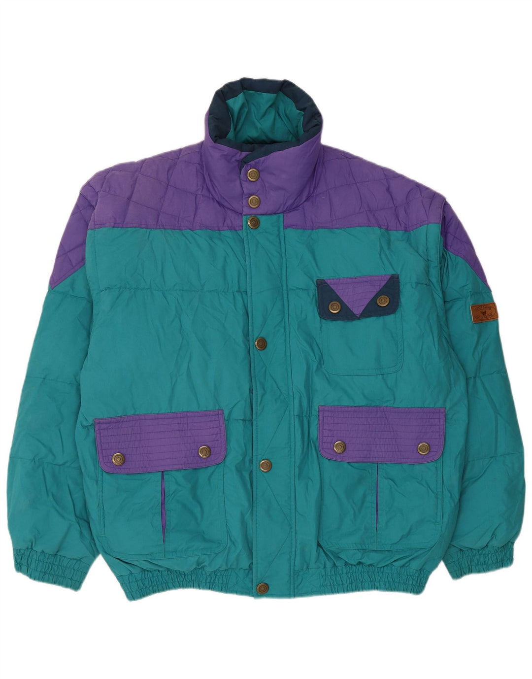 Jaqueta acolchoada masculina vintage UK 42 XL azul Colourblock poliéster
