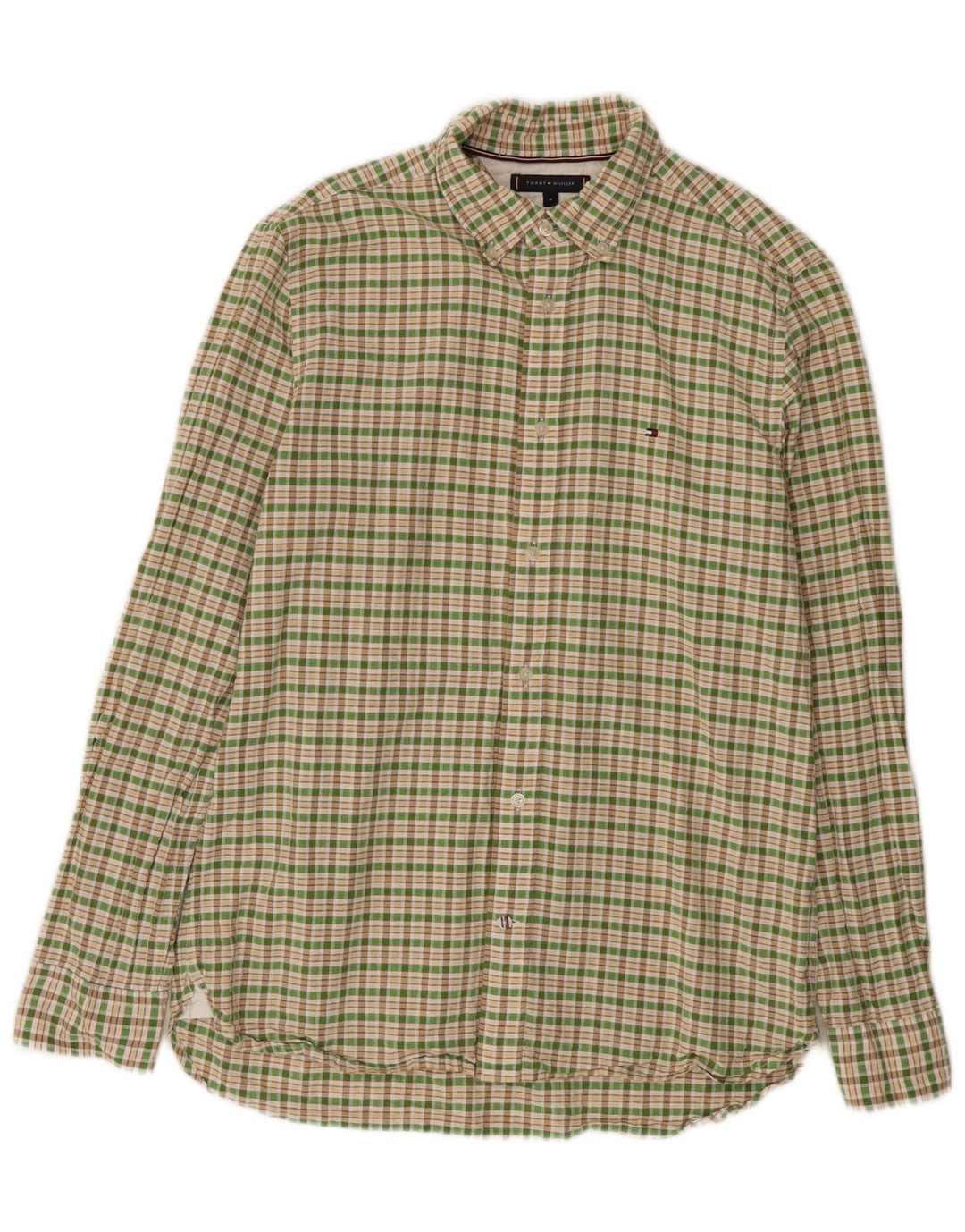 Camisa masculina de flanela Tommy Hilfiger algodão xadrez verde médio