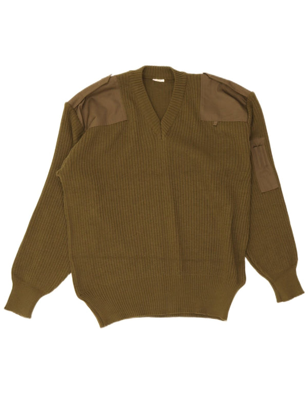 Suéter vintage masculino militar com decote em V médio cáqui