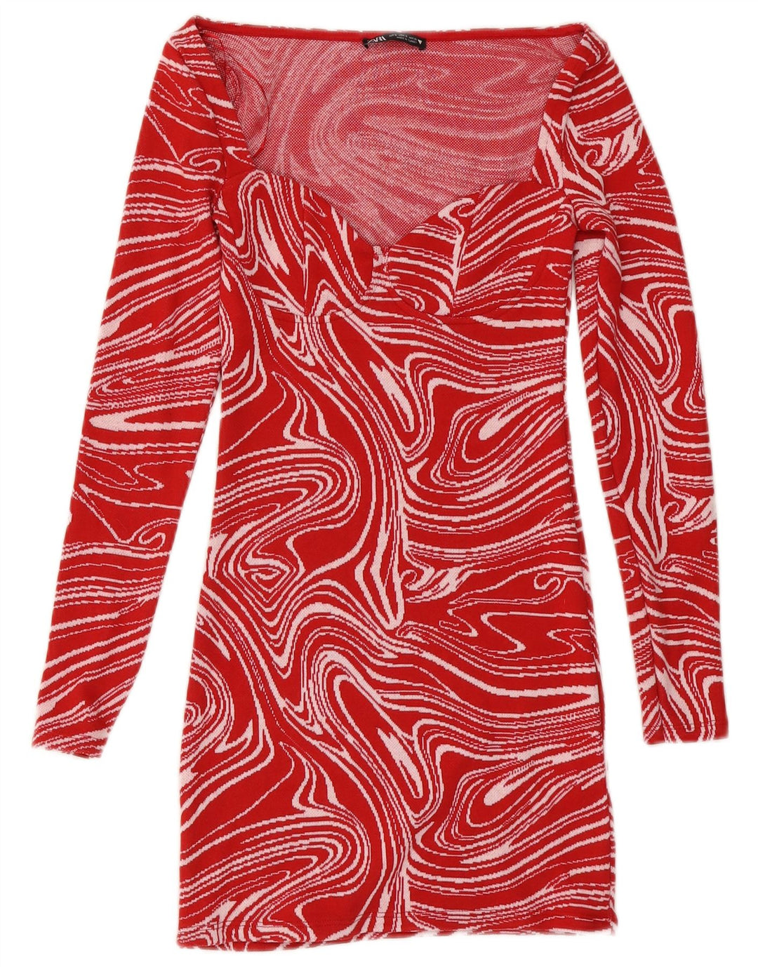 Vestido bodycon feminino Zara com estampa abstrata de manga comprida Reino Unido 8 pequeno vermelho