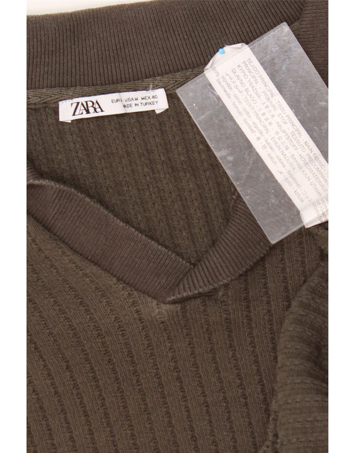 Suéter masculino ZARA de manga curta com gola polo e algodão cáqui médio