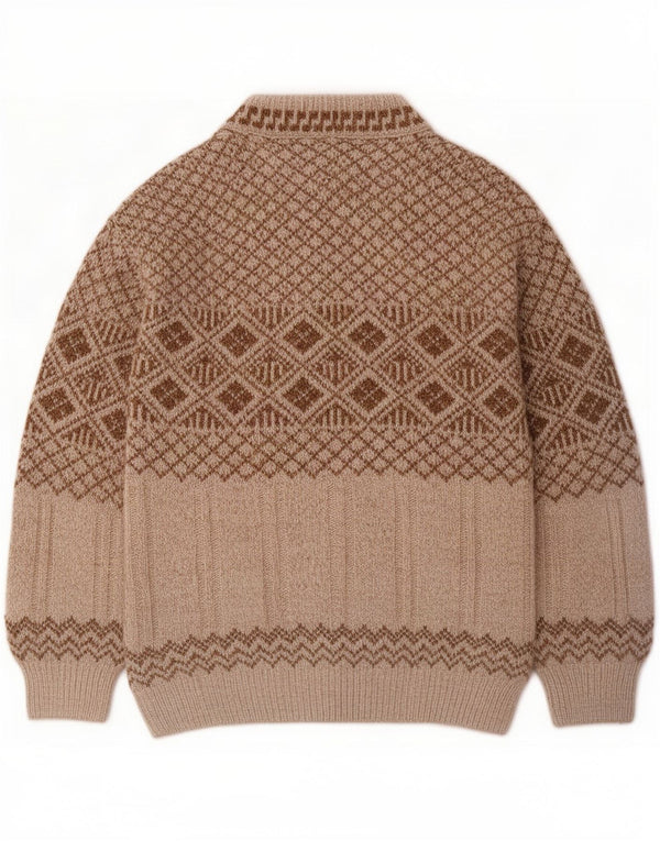 Suéter vintage masculino com gola redonda, grande bege, Fair Isle, acrílico