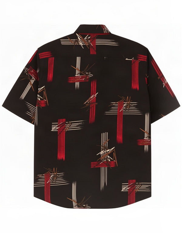 Camisa masculina vintage de manga curta com padrão abstrato grande seda preta