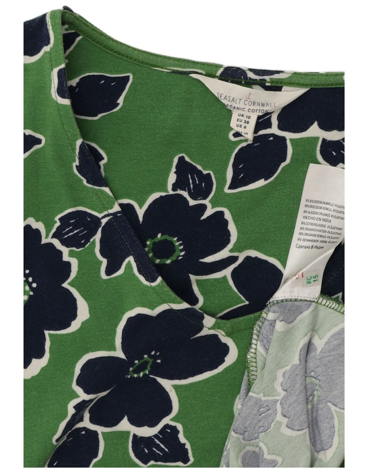 SEASALT CORNWALL Vestido feminino evasê Reino Unido 10 pequeno algodão floral verde