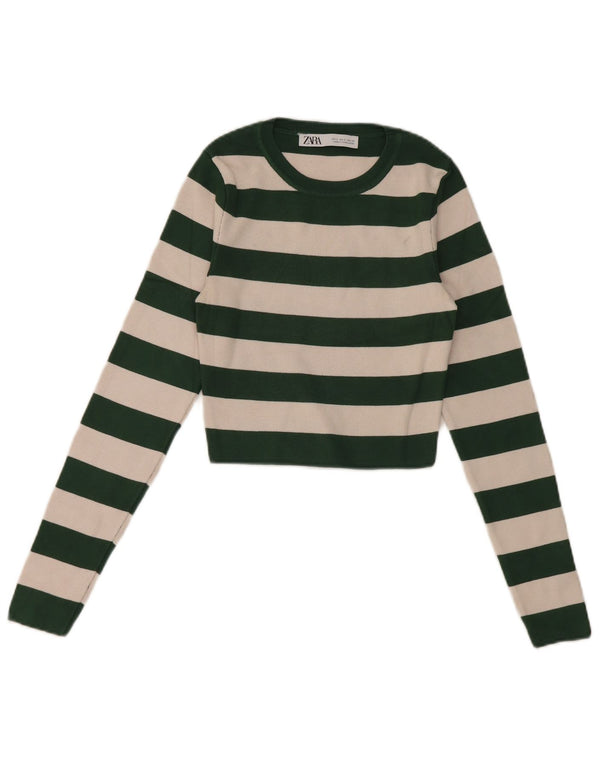 Zara Top curto feminino manga comprida Reino Unido 8 viscose listrada verde pequena