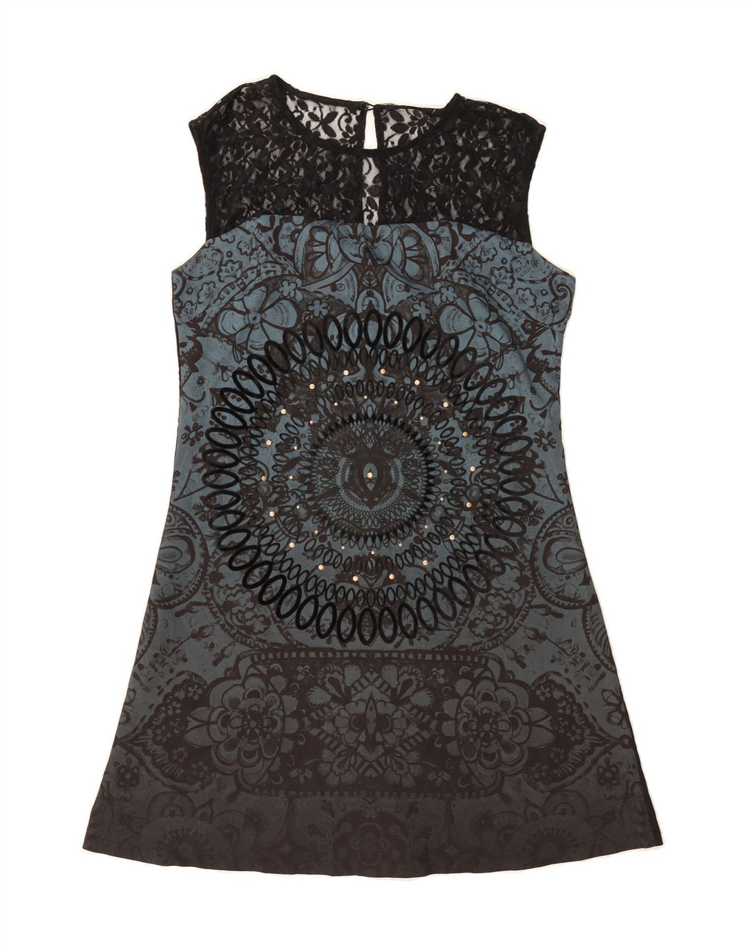 DESIGUAL Womens Graphic Sleeveless A-Line Dress EU 42 Large Black Floral Vintage Desigual and Second-Hand Desigual from Messina Hembry 