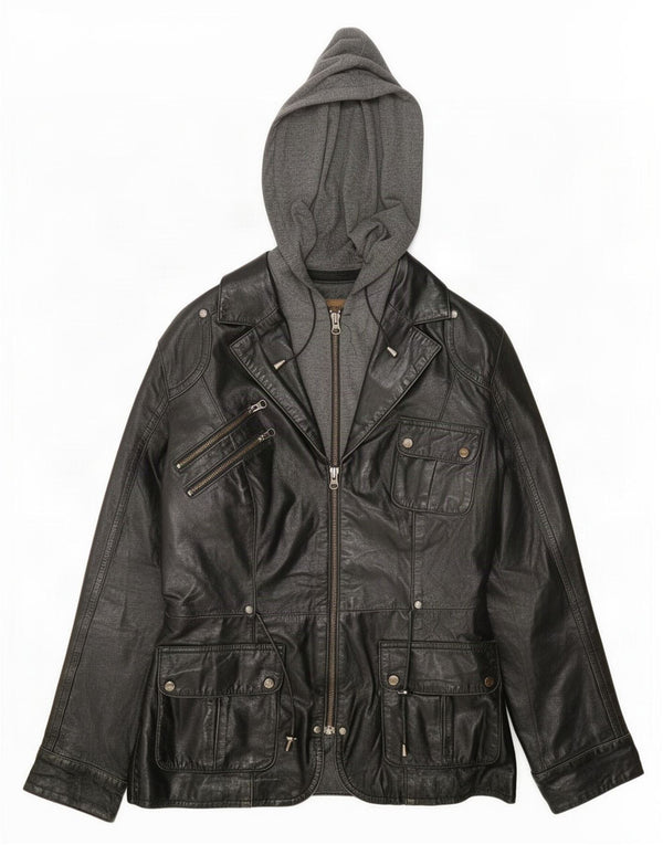 Conbipel Womens Hooded Leather Utility Jacket IT 42 Medium Black
