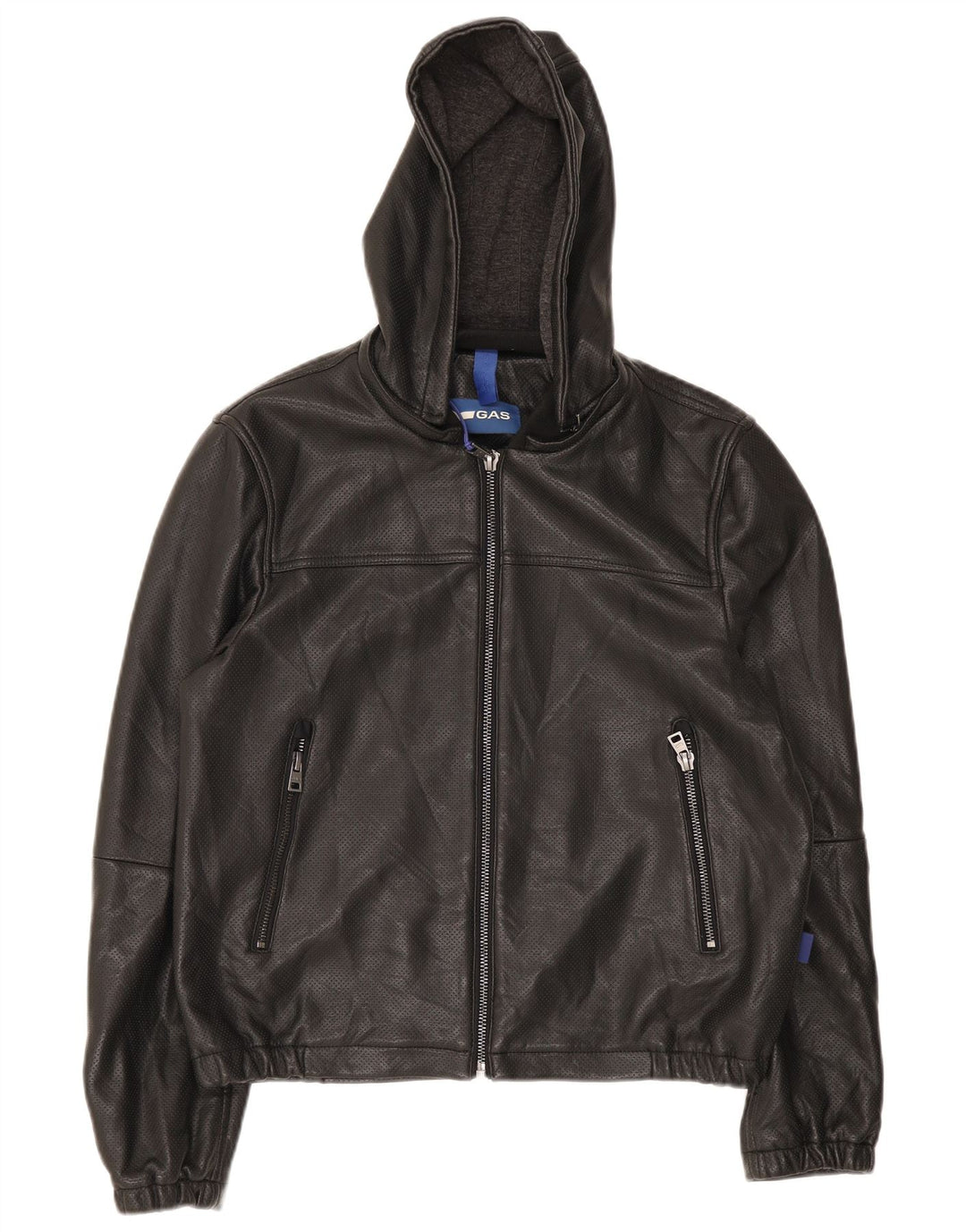 Jaqueta bomber masculina de couro com capuz Gas UK 36 pequena preta
