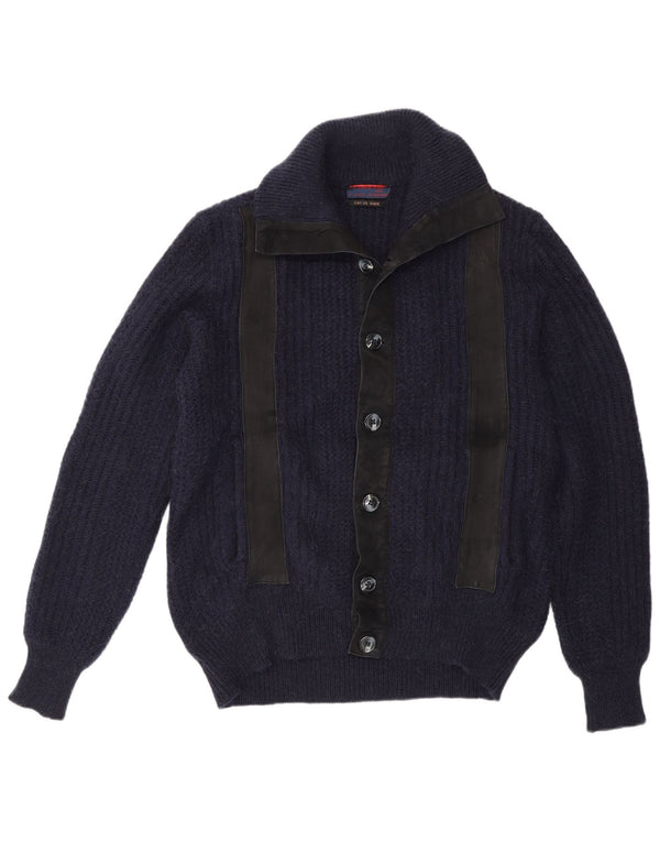 Suéter cardigã masculino vintage IT 48 médio azul marinho colorblock camelhair