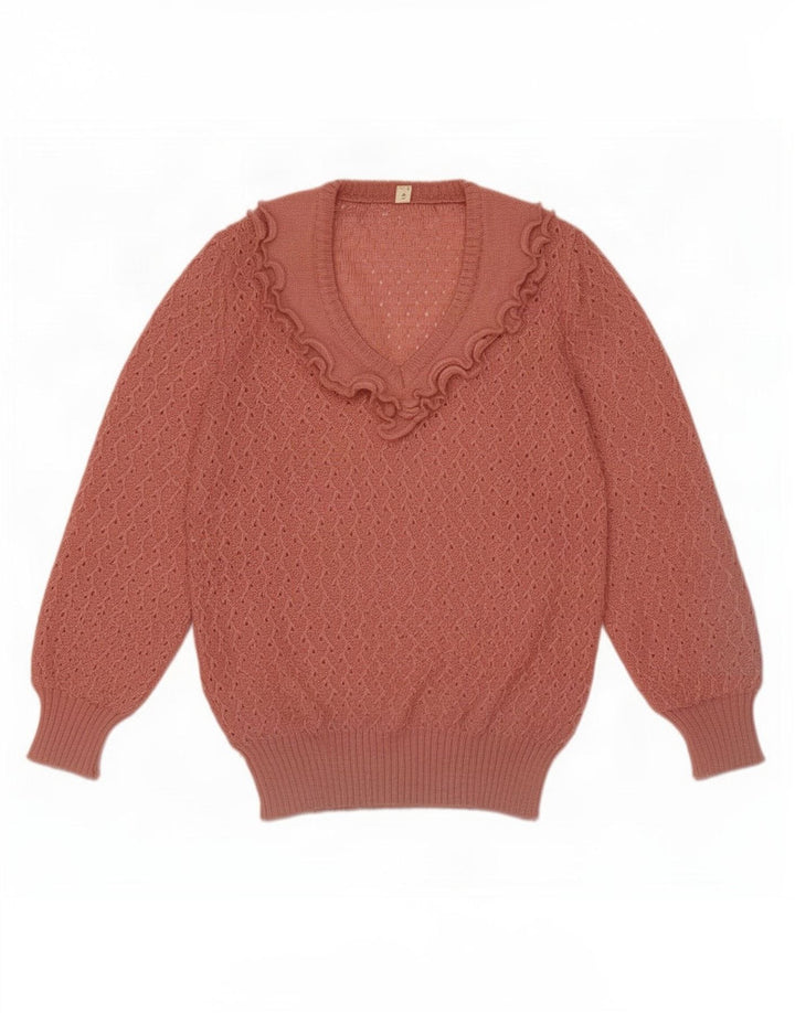 Suéter feminino vintage com babados na frente e decote em V IT 44 rosa médio