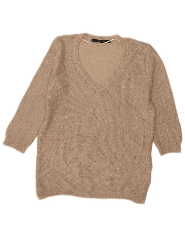 Zara Suéter feminino manga 3/4 com decote em V Reino Unido 16 grande poliéster bege