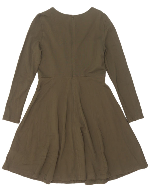 Vestido feminino Marks & Spencer manga comprida evasê Reino Unido 12 viscose cáqui médio