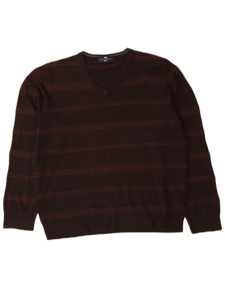 Suéter masculino Marks & Spencer Blue Harbor com decote em V grande listrado marrom