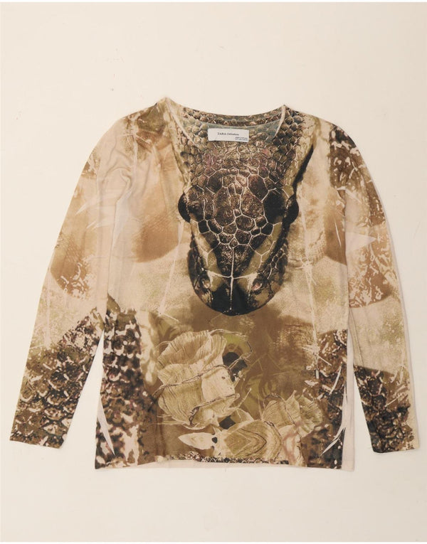 Top gráfico feminino Zara manga comprida Reino Unido 16 grande bege estampa animal