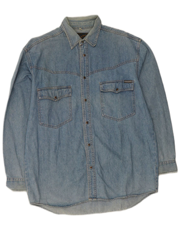 Camisa jeans masculina vintage algodão azul médio