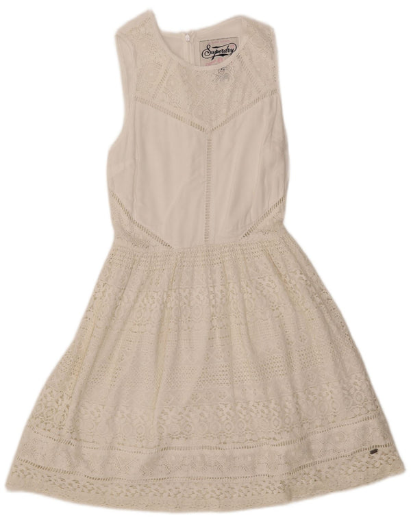 Vestido feminino SUPERDRY sem mangas evasê UK 6 XS branco viscose