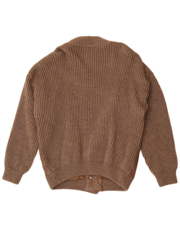 Suéter cardigã de couro masculino vintage grande lã marrom