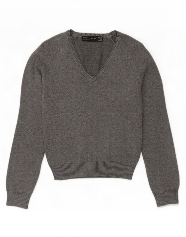Suéter feminino Zara com decote em V pequeno algodão cinza