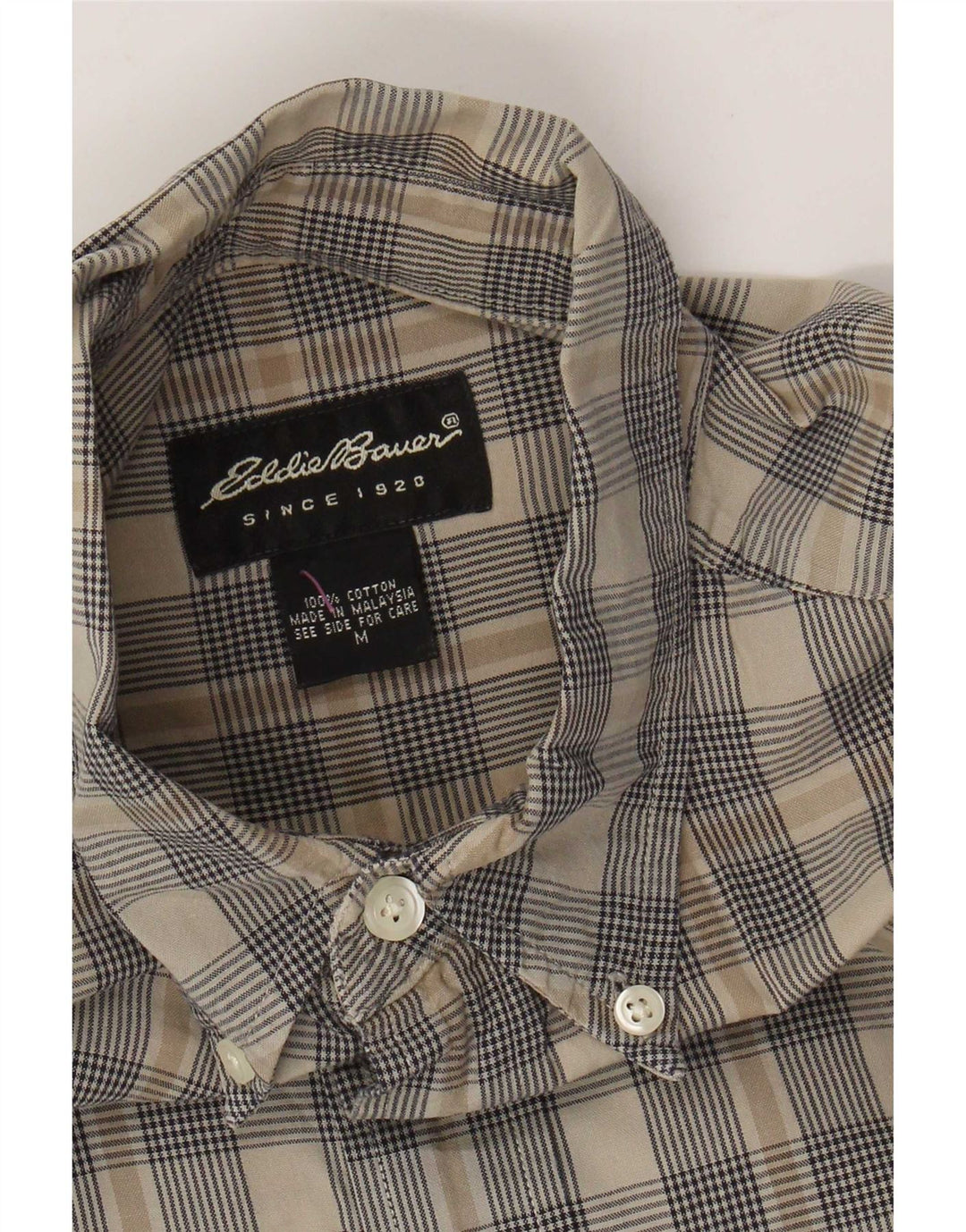 Eddie Bauer Camisa masculina de manga curta de algodão xadrez bege médio