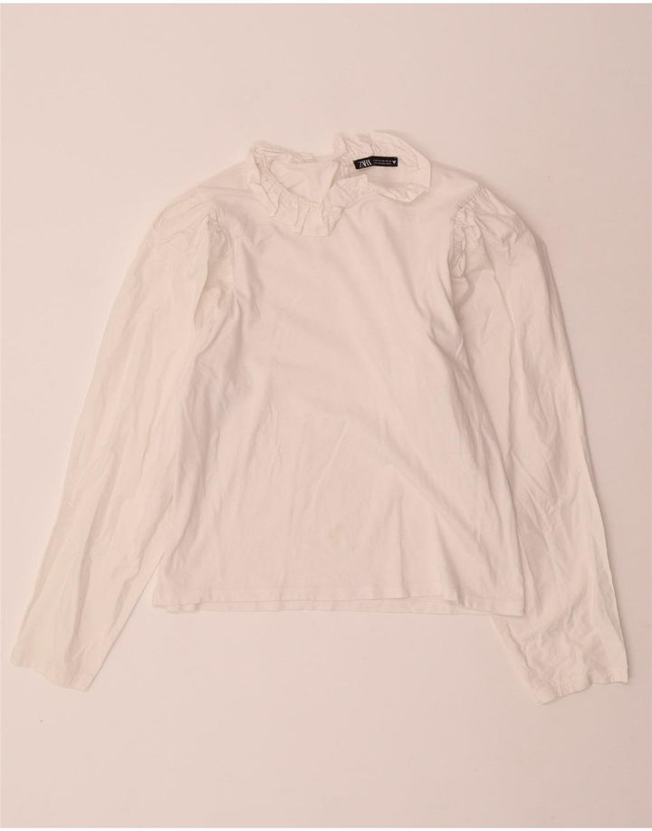 ZARA Blusa Feminina Crop Manga Longa Top UK 12 Médio Off White