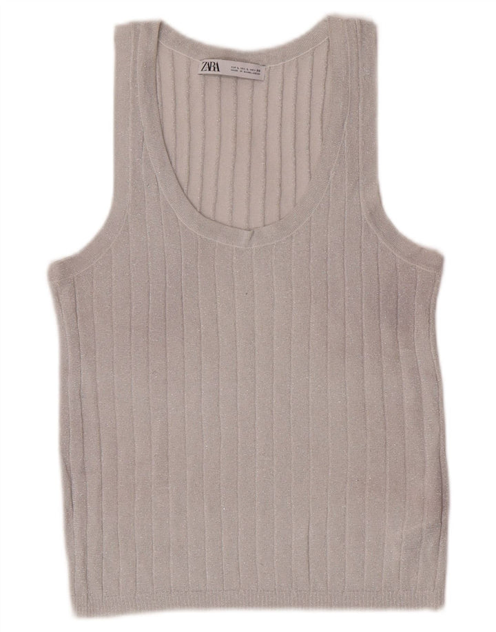 Colete feminino Zara UK 14 grande viscose manchada prateada