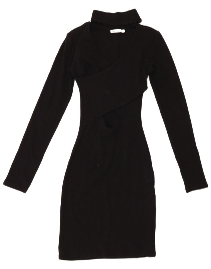 Vestido bodycon feminino de manga comprida ZARA Reino Unido 8 pequeno algodão preto