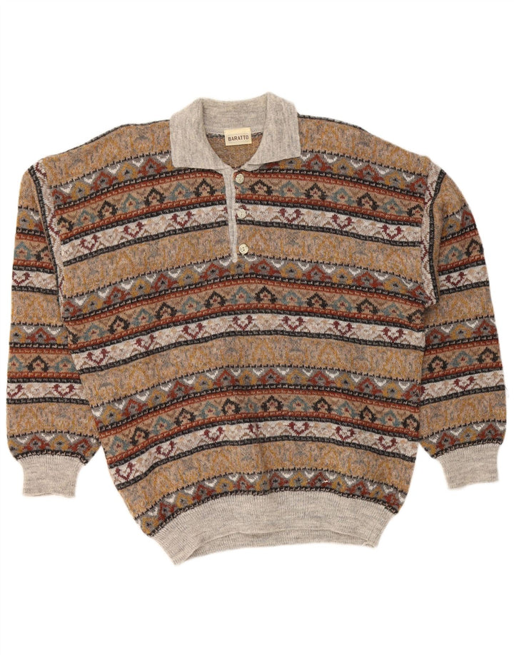 Suéter masculino VINTAGE com gola polo IT 52 grande marrom Fair Isle acrílico