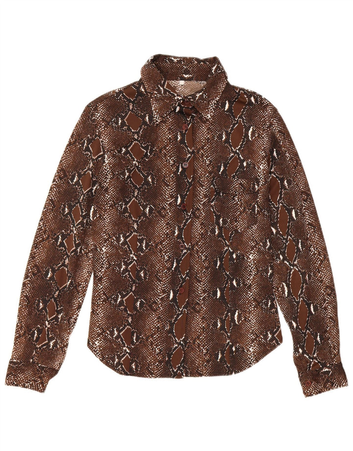 Blusa feminina vintage UK 12 poliéster estampa animal marrom médio