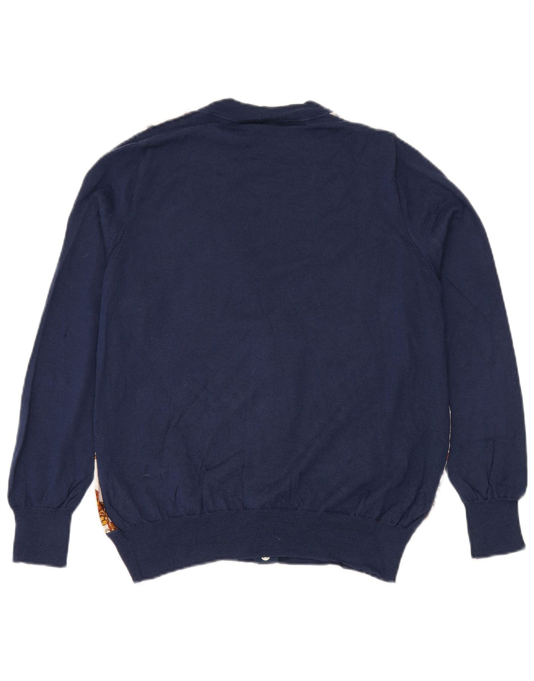 Suéter cardigã feminino vintage com padrão abstrato Reino Unido 16 grande azul marinho