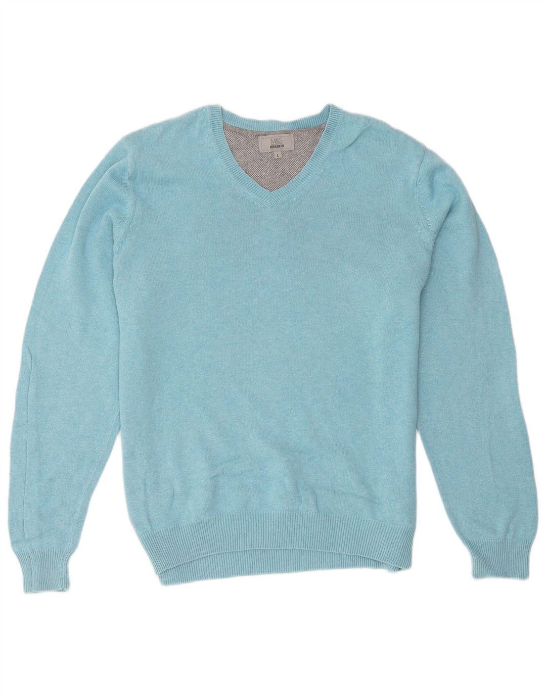 Suéter masculino Marks & Spencer com ajuste regular e decote em V, grande algodão azul