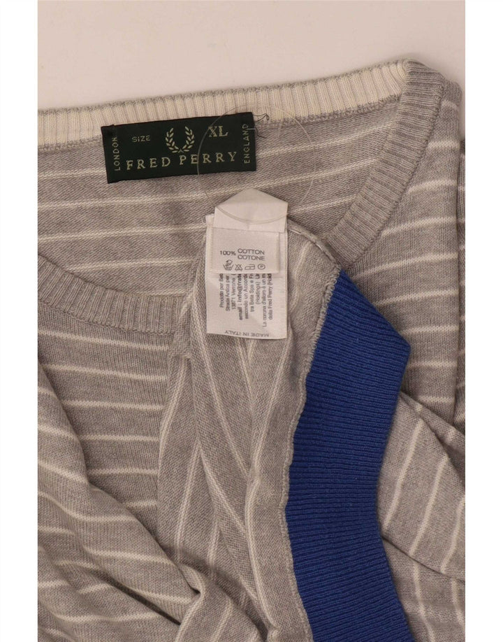 Fred Perry Suéter masculino com gola redonda XL algodão listrado cinza
