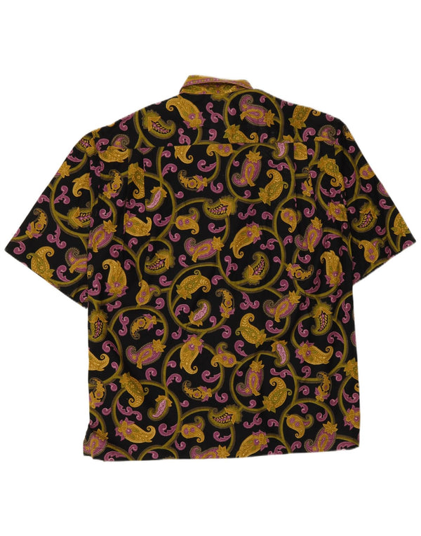Camisa masculina vintage de manga curta, algodão Paisley preto médio