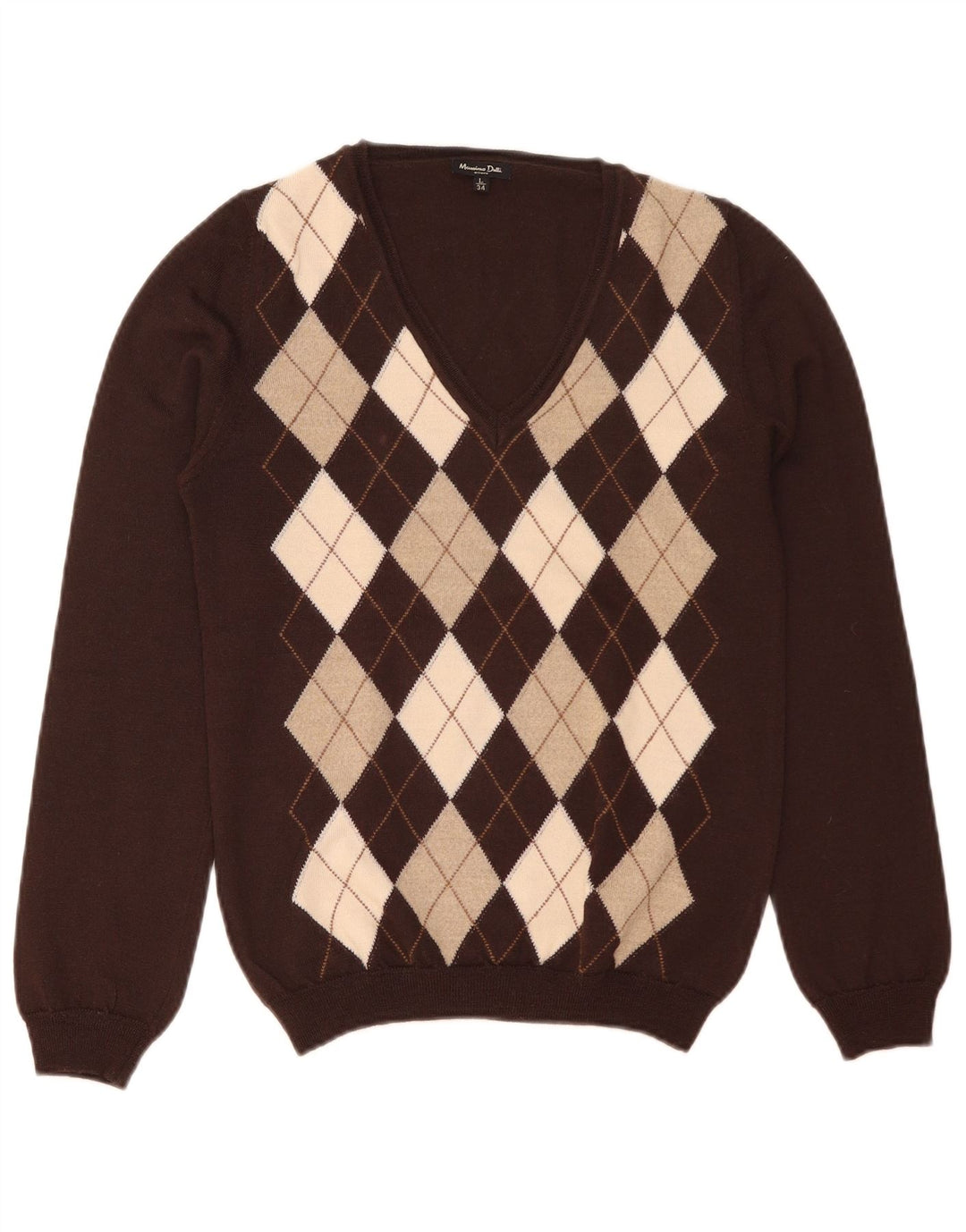Suéter feminino Massimo Dutti com decote em V Reino Unido 14 grande marrom argyle/diamante