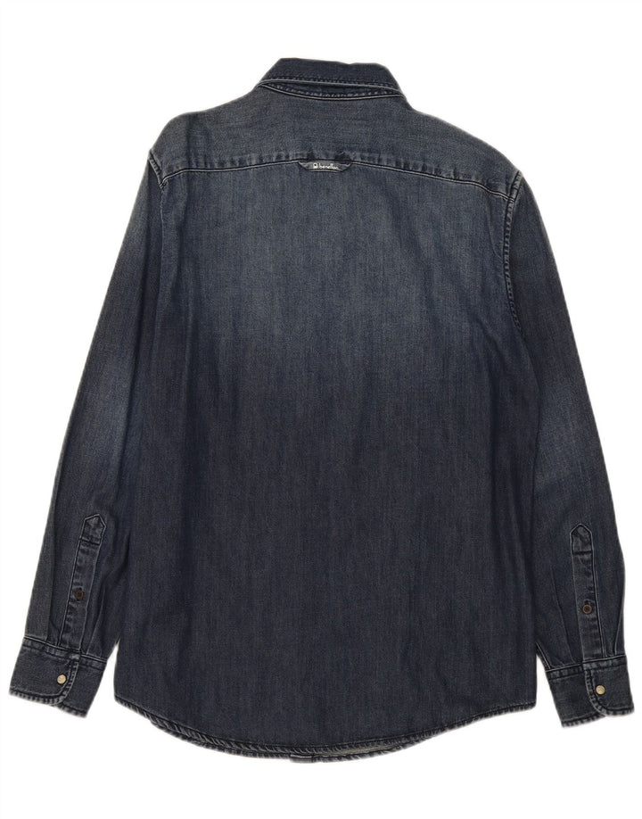 Camisa jeans masculina Benetton médio algodão azul marinho