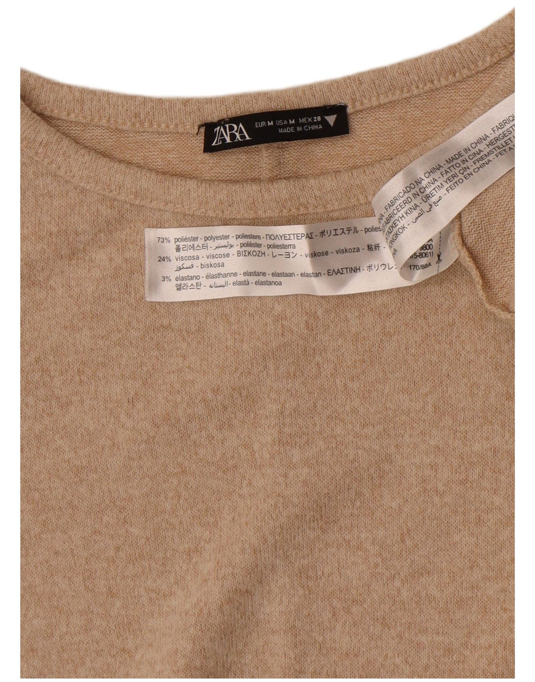 Vestido feminino Zara manga comprida evasê Reino Unido 12 poliéster bege médio salpicado