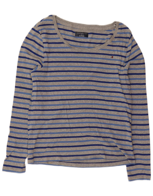 Top feminino Tommy Hilfiger manga comprida UK 14 grande algodão listrado cinza