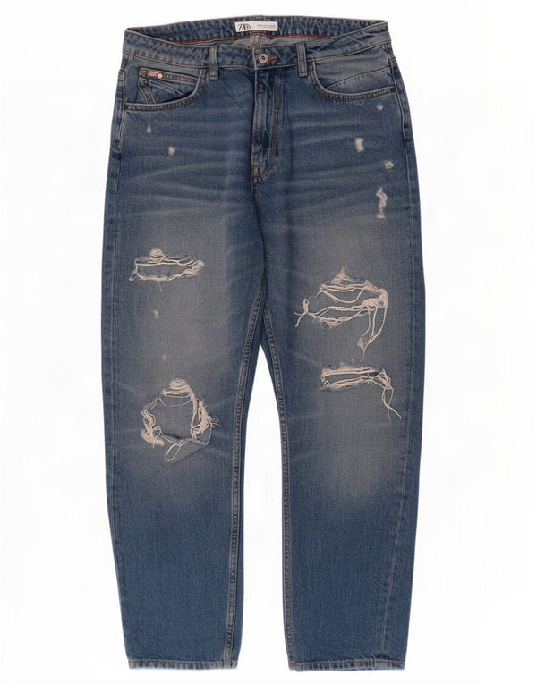 Zara Calça Jeans Feminina Crop Distressed Tapered EU 38 Pequeno W28 L26 Azul Algodão