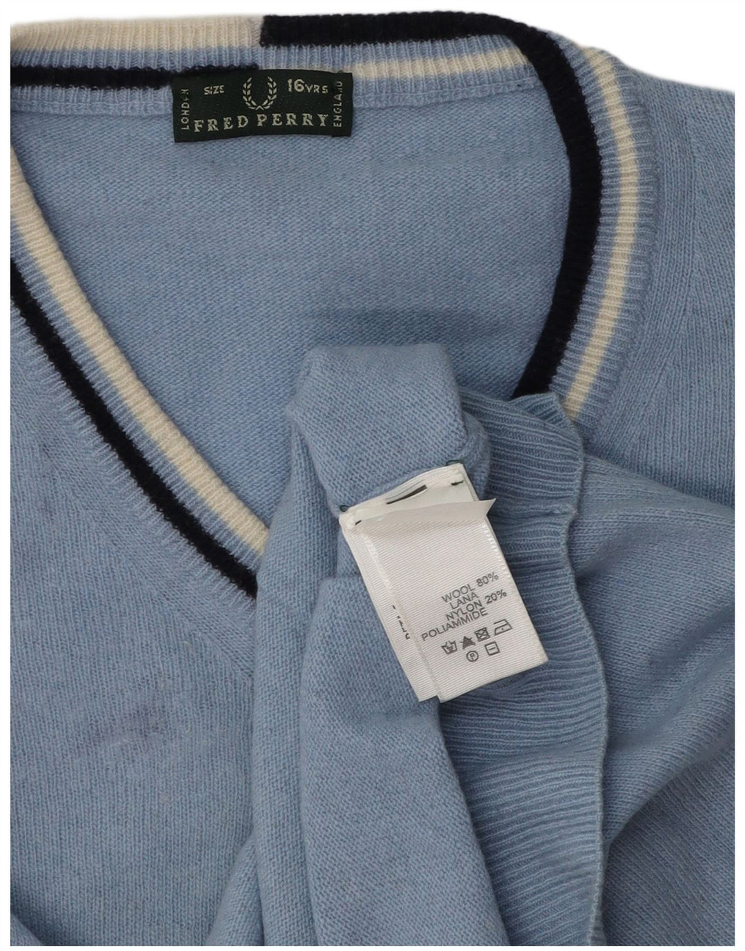 Suéter masculino Fred Perry com decote em V 15-16 anos lã azul