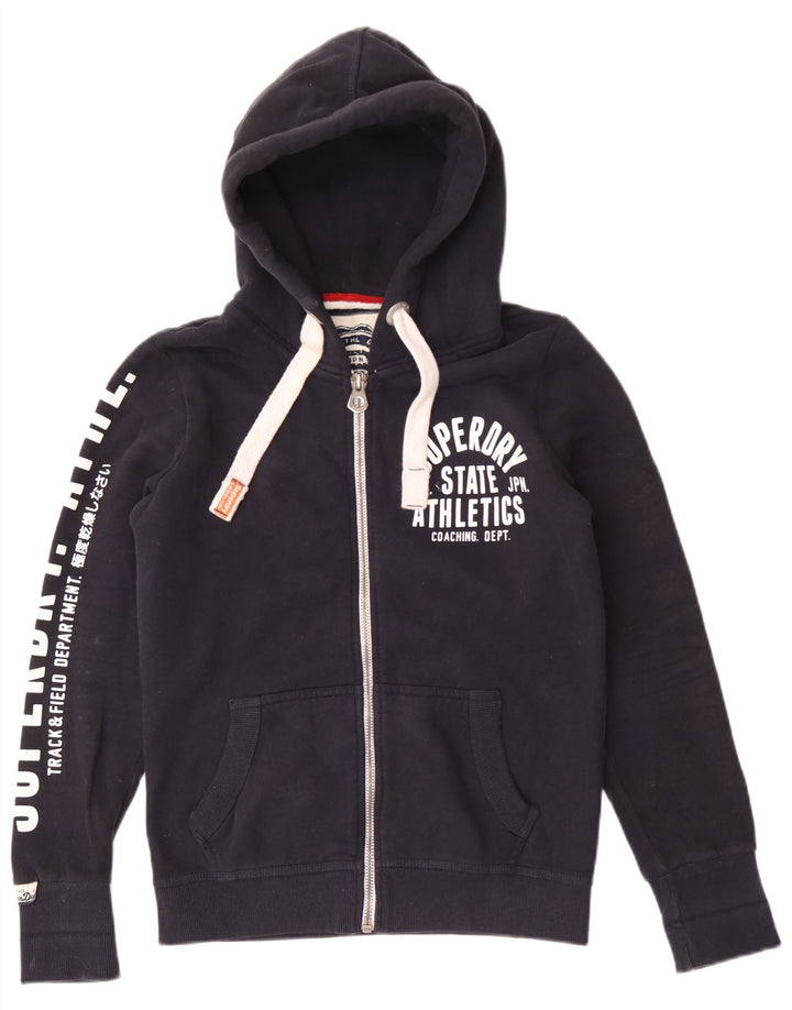 Suéter masculino Superdry com capuz e zíper gráfico médio azul marinho algodão