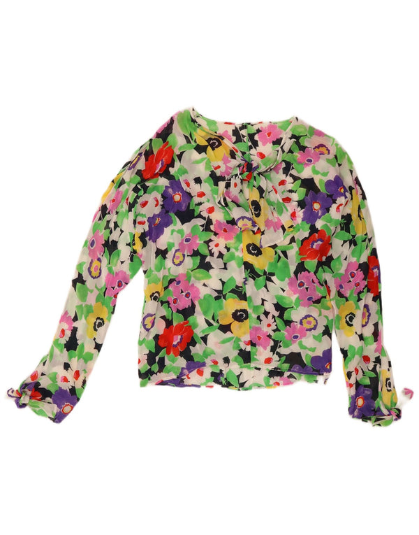 Blusa feminina vintage de manga comprida UK 16 grande floral multicolorida