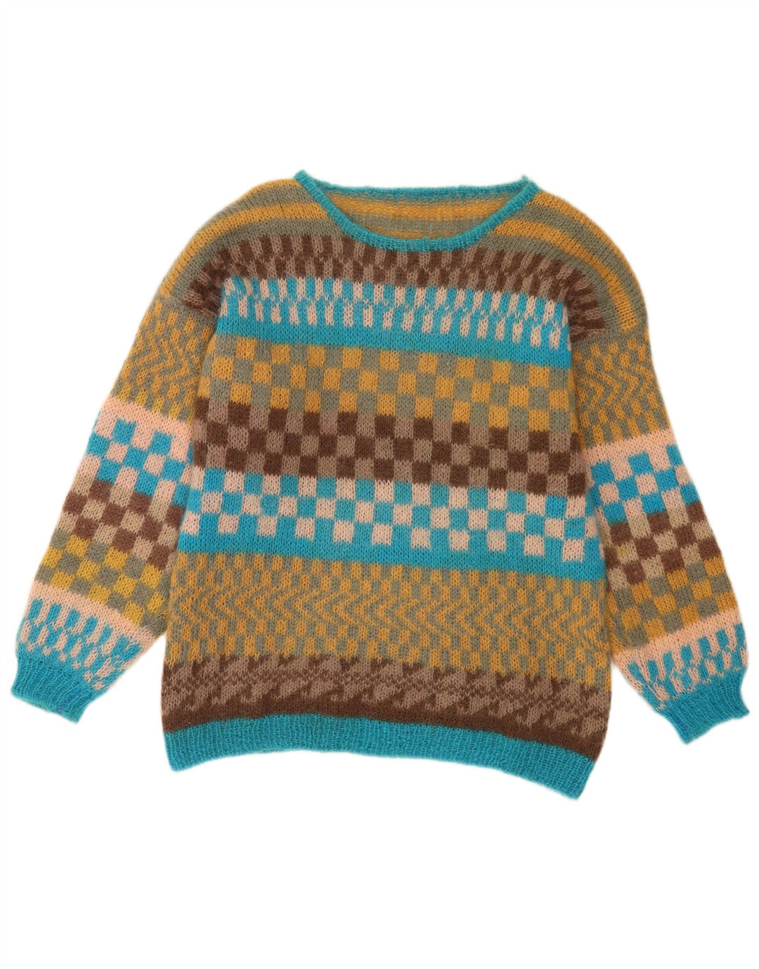 Suéter masculino vintage com gola canoa médio geométrico multicolorido
